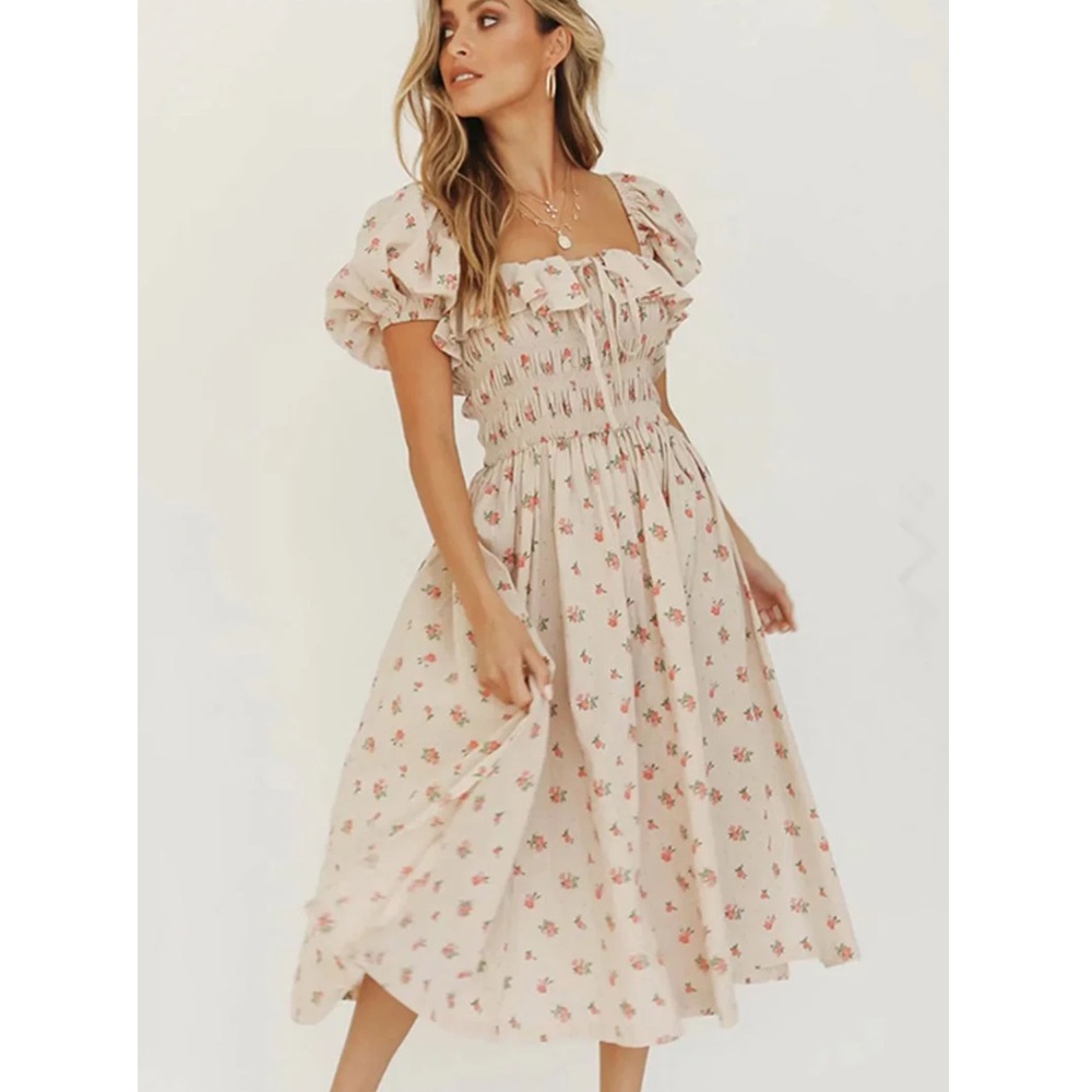 R Vivimos NWT Cottagecore Boho Midi Dress Off Shoulder Smocked Floral Dress M